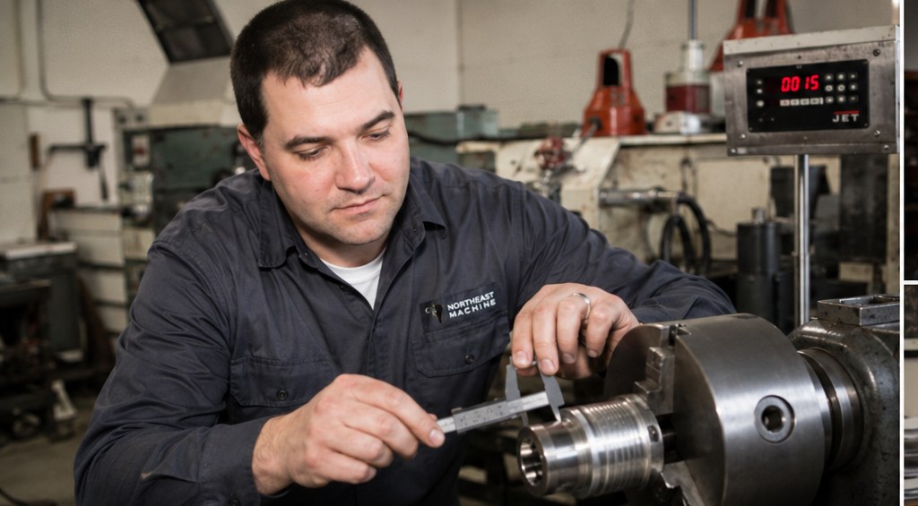 Machinist measuring a turned part with calipers