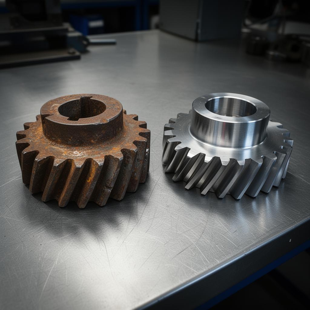 Worn gear before and after machining
