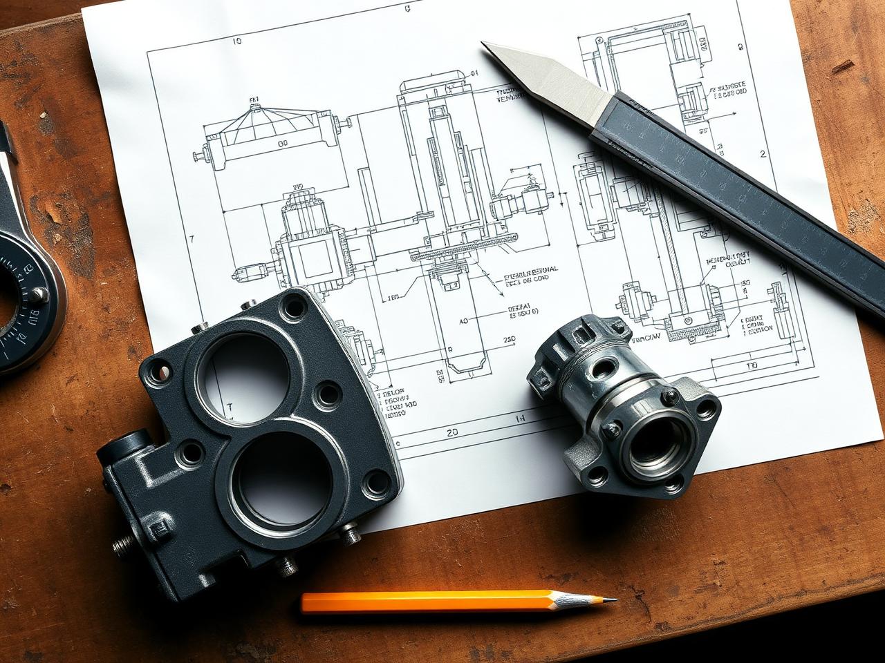 Engineering drawing next to machined sample parts