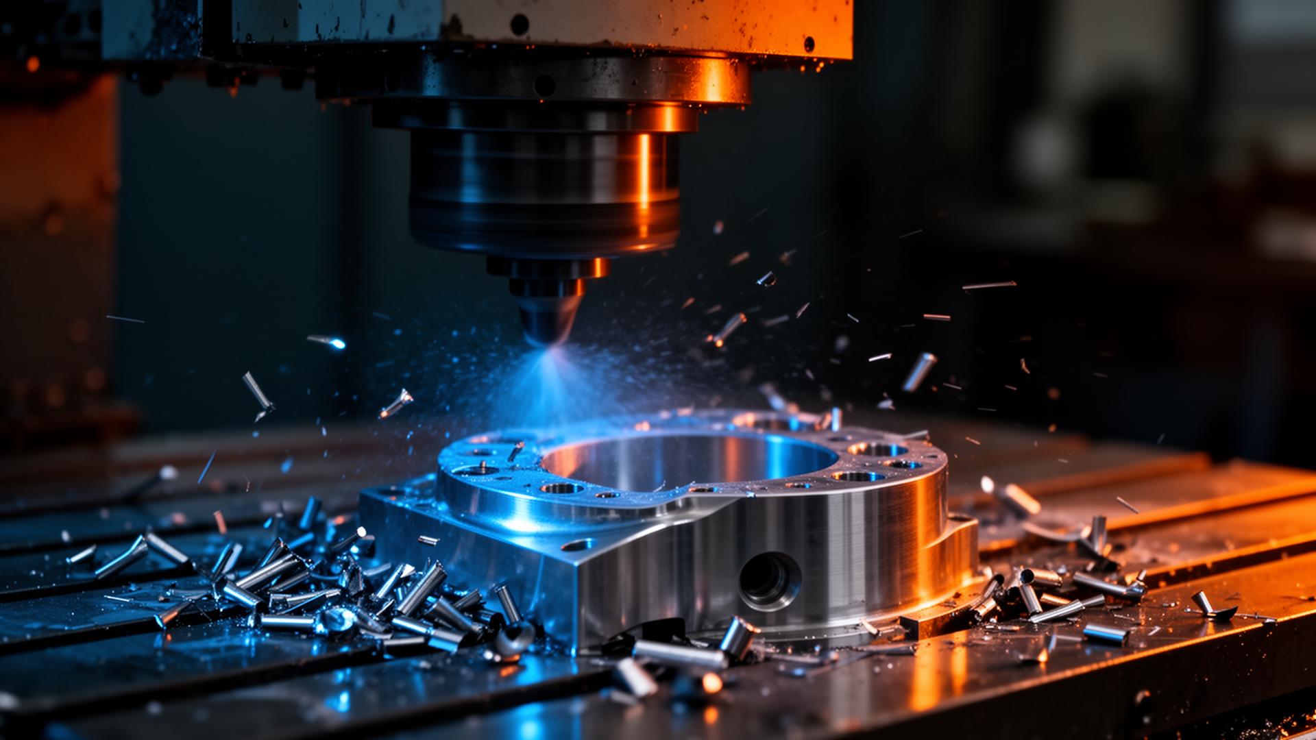 CNC machine cutting a precision steel part with blue coolant