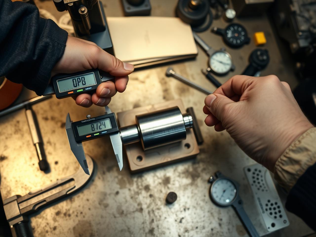 Machinist measuring a freshly machined part with digital calipers